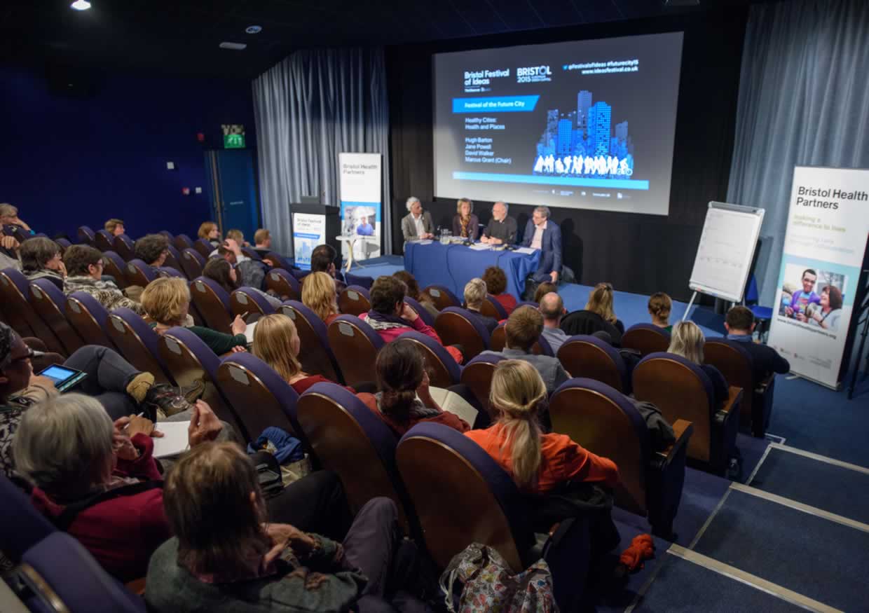 The audience and panel at the Festival of the Future City health day